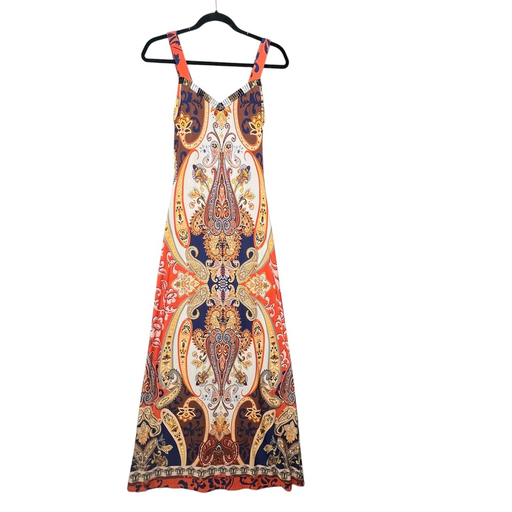 Venus Womens XS Paisley Beaded V-Neck Maxi Dress Orange Navy Blue Boho Summer